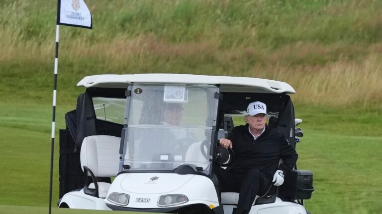 Trump plays golf in Scotland while protesters take to the streets and decry his visit