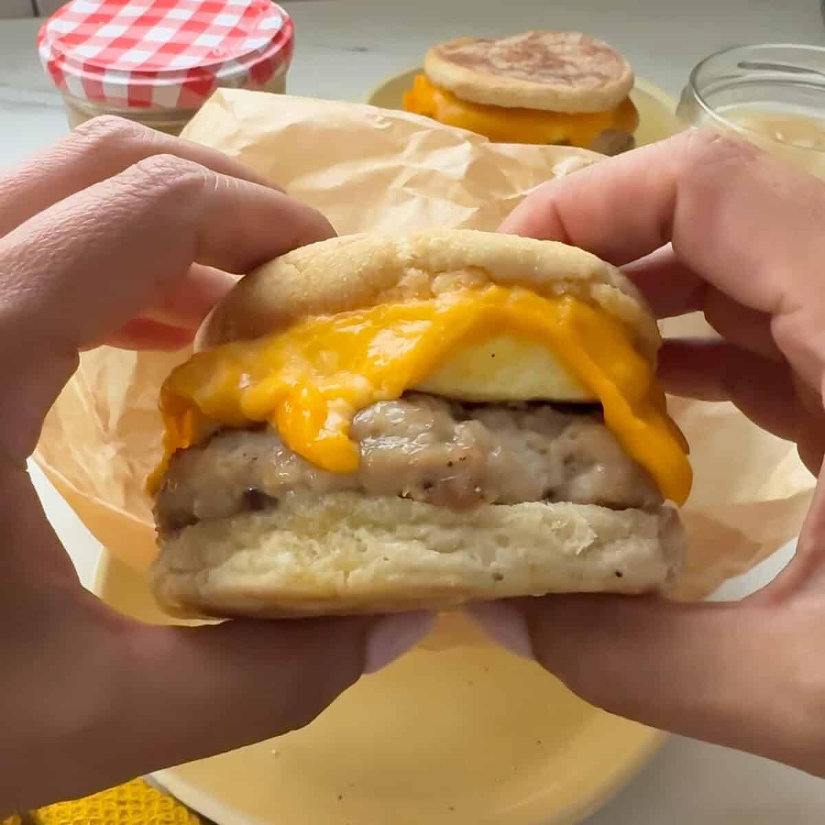 फ्रीजर ब्रेकफास्ट सैंडविच आयोजित किया जा रहा है।