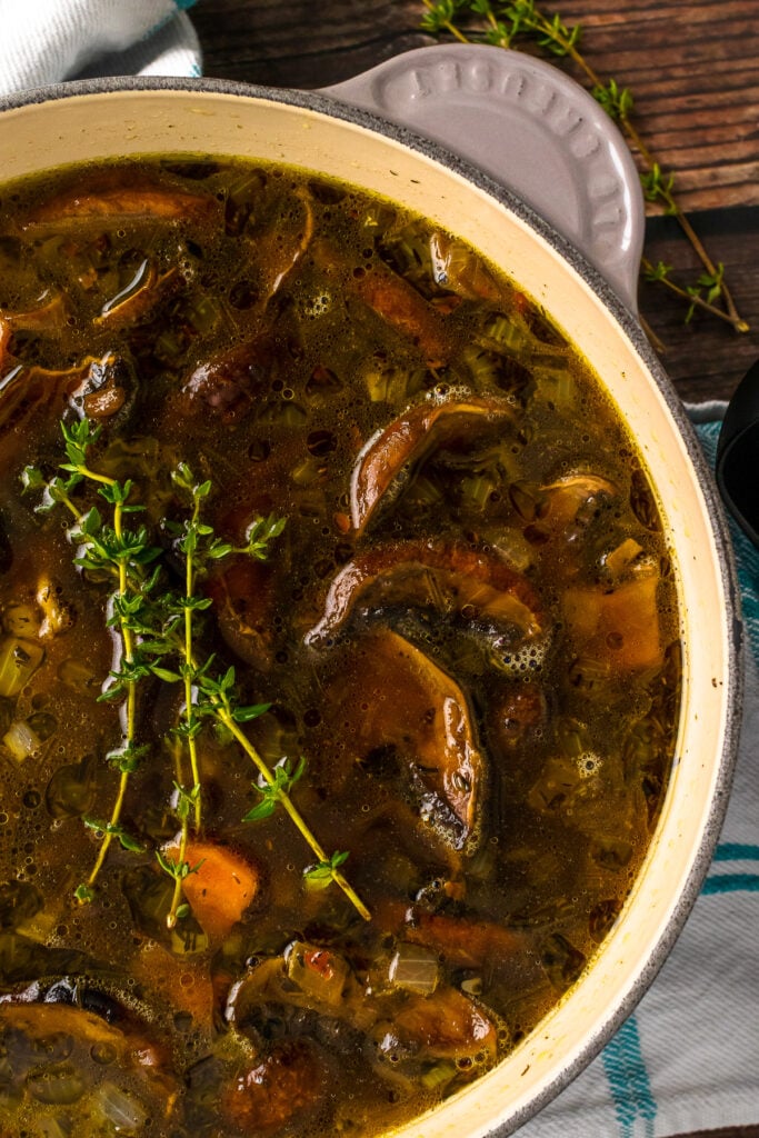 बिना किसी डेयरी उत्पाद के घर का बना मशरूम सूप समृद्ध होता है और ऊपर तैरते मांसयुक्त पोर्टेबेला मशरूम से भरा होता है, सभी को एक ग्रे स्टॉक पॉट में पकाया जाता है।