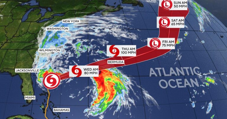 Imelda lashes Bermuda as a Category 2 hurricane before weakening. Maps show its forecast path.