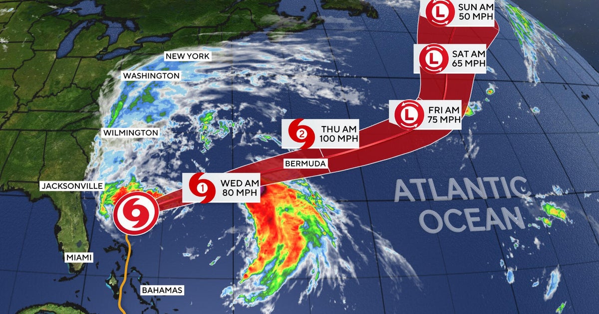 Imelda lashes Bermuda as a Category 2 hurricane before weakening. Maps show its forecast path.