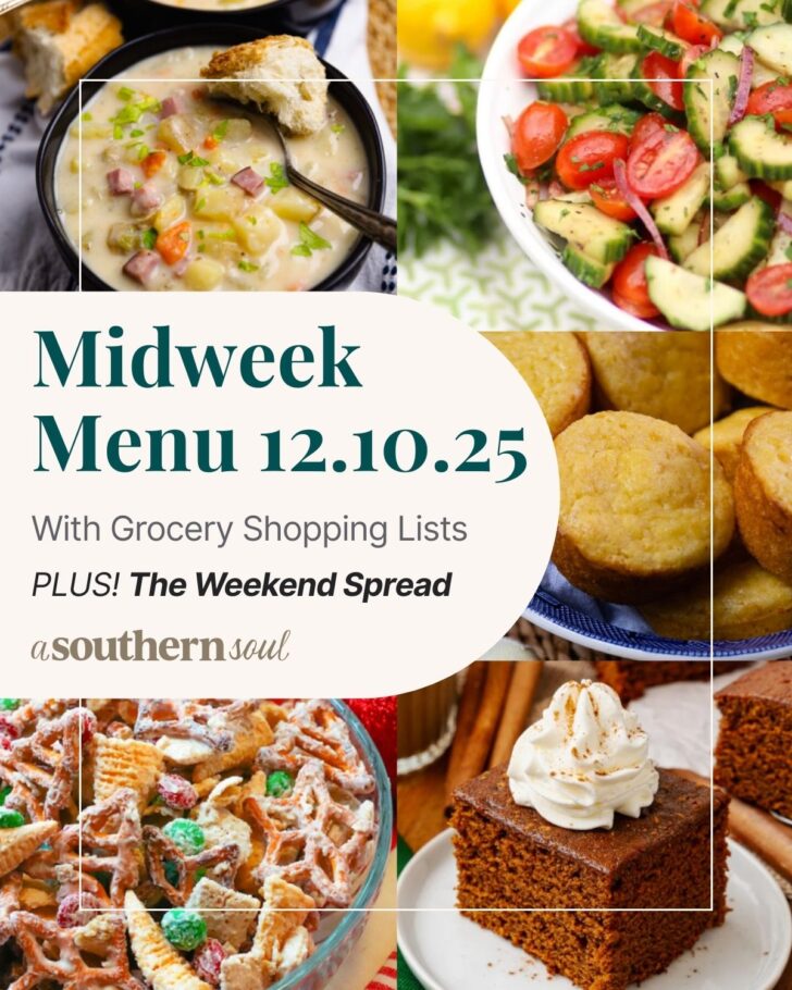 टेक्स्ट ओवरले के साथ 5 मध्य सप्ताह मेनू भोजन योजना फ़ोटो का ग्रिड।