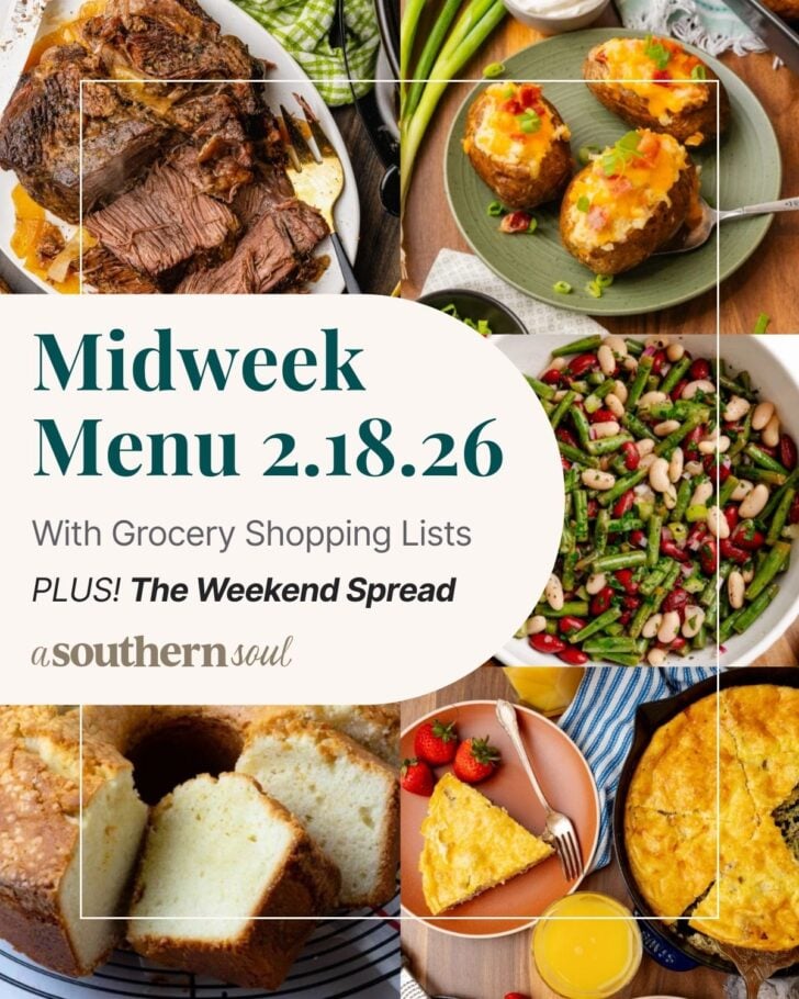 टेक्स्ट ओवरले के साथ 5 मध्य सप्ताह मेनू भोजन योजना फ़ोटो का ग्रिड।