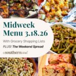 टेक्स्ट ओवरले के साथ 5 मध्य सप्ताह मेनू भोजन योजना फ़ोटो का ग्रिड।