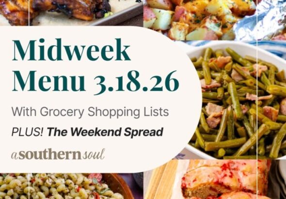 टेक्स्ट ओवरले के साथ 5 मध्य सप्ताह मेनू भोजन योजना फ़ोटो का ग्रिड।