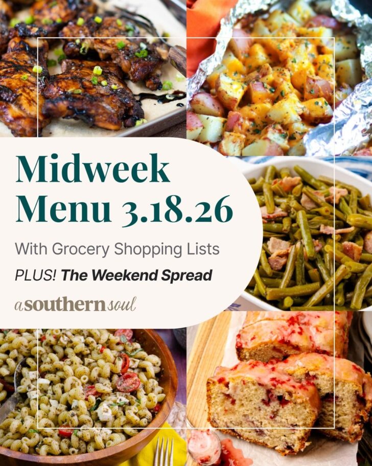 टेक्स्ट ओवरले के साथ 5 मध्य सप्ताह मेनू भोजन योजना फ़ोटो का ग्रिड।