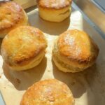 सुनहरे शीर्ष के साथ ताजा बेक्ड ब्रिटिश स्कोन।