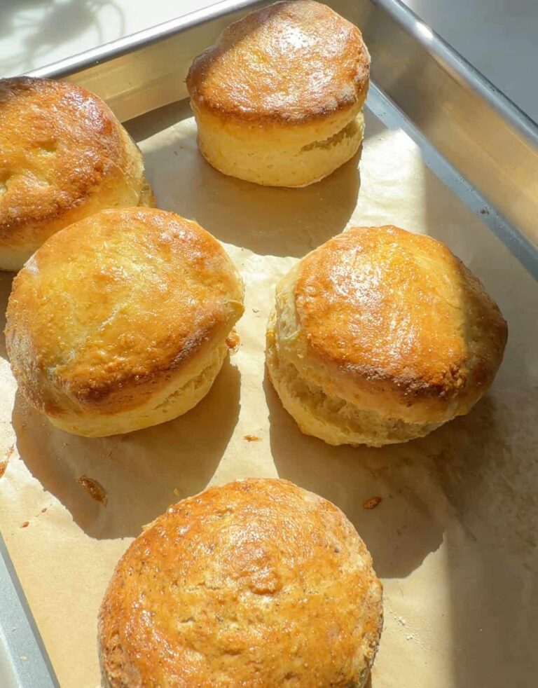 सुनहरे शीर्ष के साथ ताजा बेक्ड ब्रिटिश स्कोन।