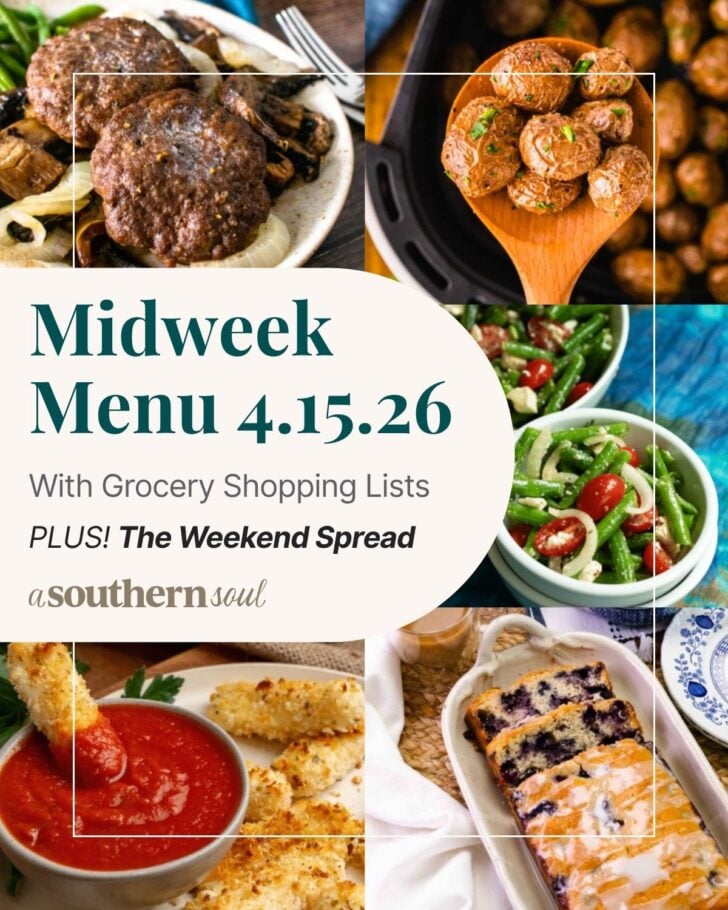 टेक्स्ट ओवरले के साथ 5 मध्य सप्ताह मेनू भोजन योजना फ़ोटो का ग्रिड।