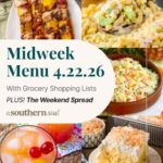 टेक्स्ट ओवरले के साथ 5 मध्य सप्ताह मेनू भोजन योजना फ़ोटो का ग्रिड।