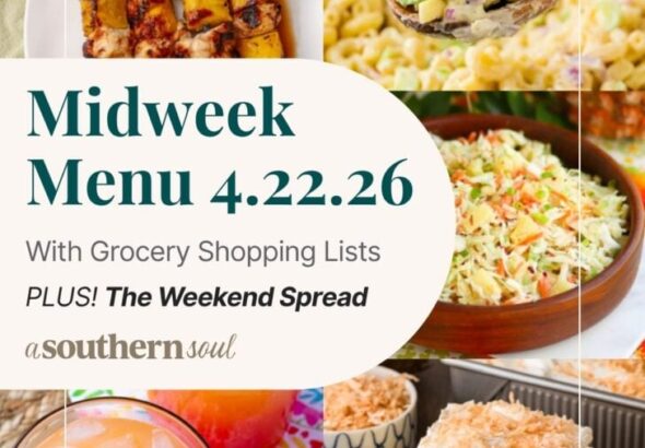 टेक्स्ट ओवरले के साथ 5 मध्य सप्ताह मेनू भोजन योजना फ़ोटो का ग्रिड।